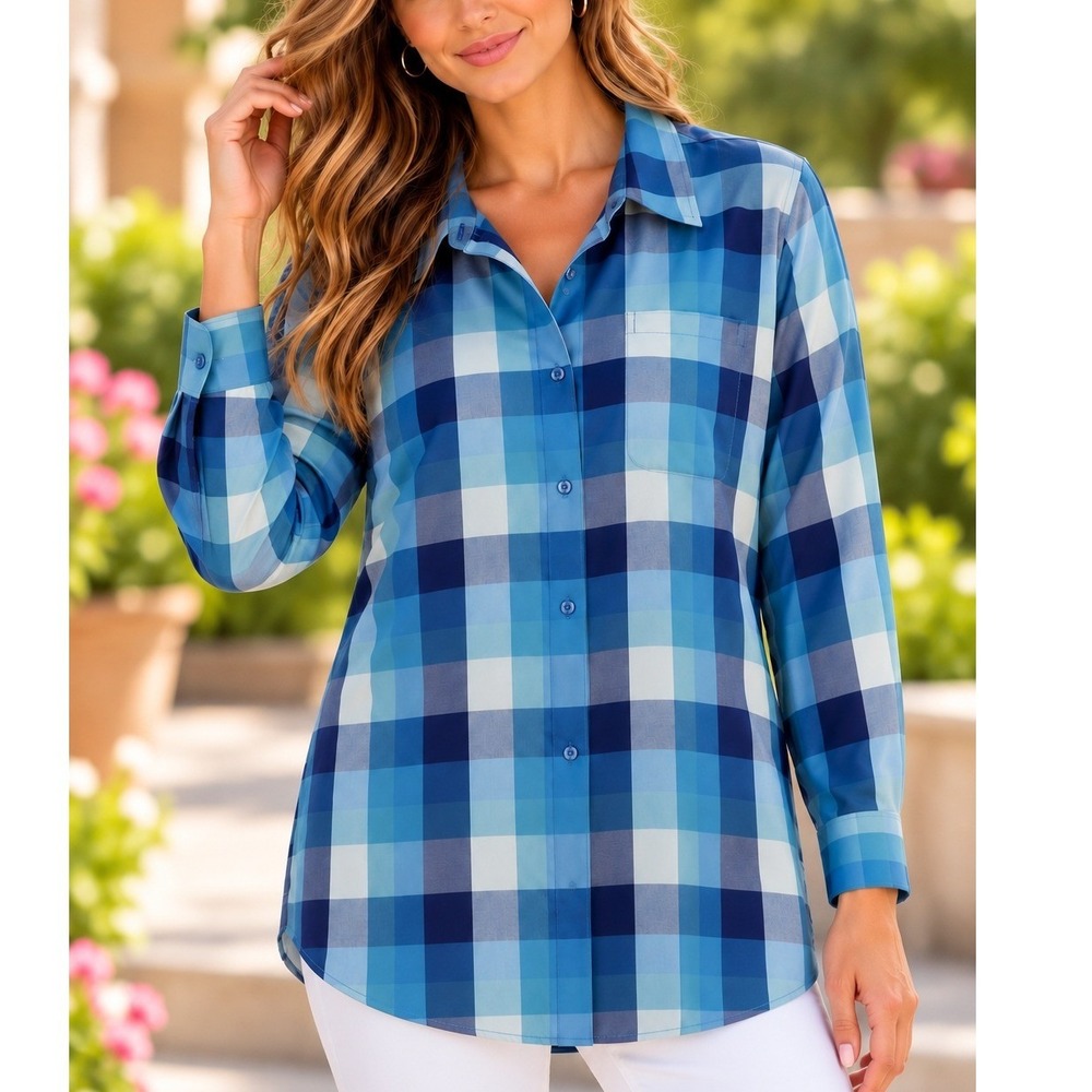 Coldwater Creek Blue Ombre Plaid Cotton Button Down Shirt Womens Large L